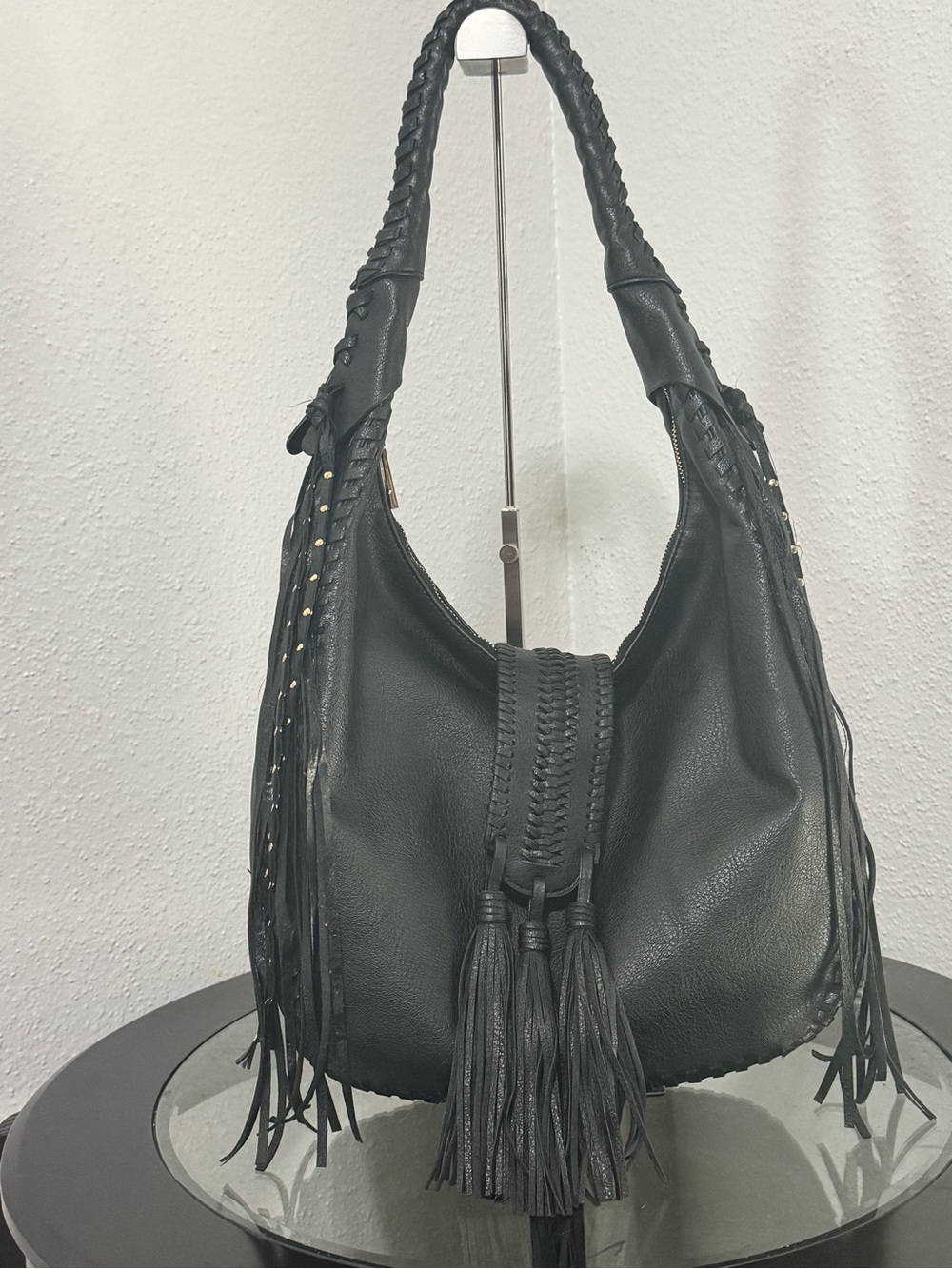 Big Buddha Black Braided Fringe Hobo Shoulder Bag